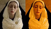 La Virgen con el broche y sin él